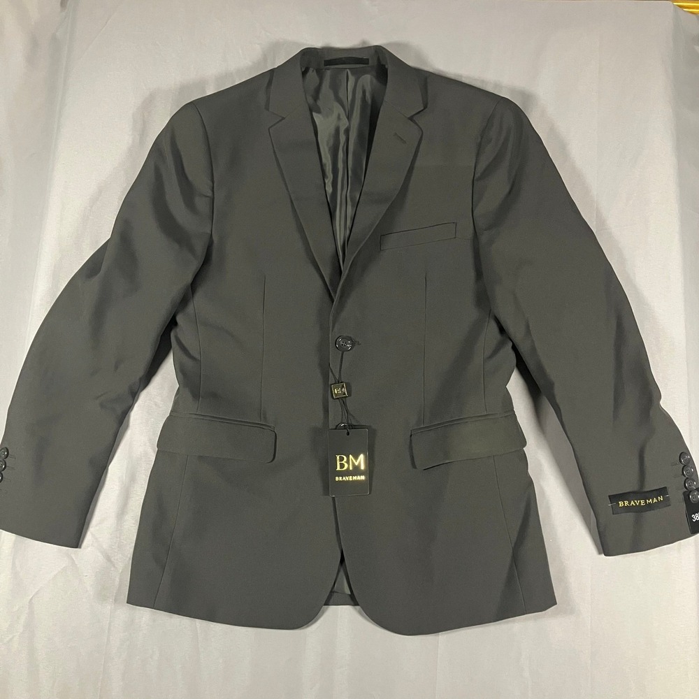BRAVEMAN Men 38R/32W Suit Jacket Charcoal‎ Slim Fit Blazer PYS02 Grey Gray